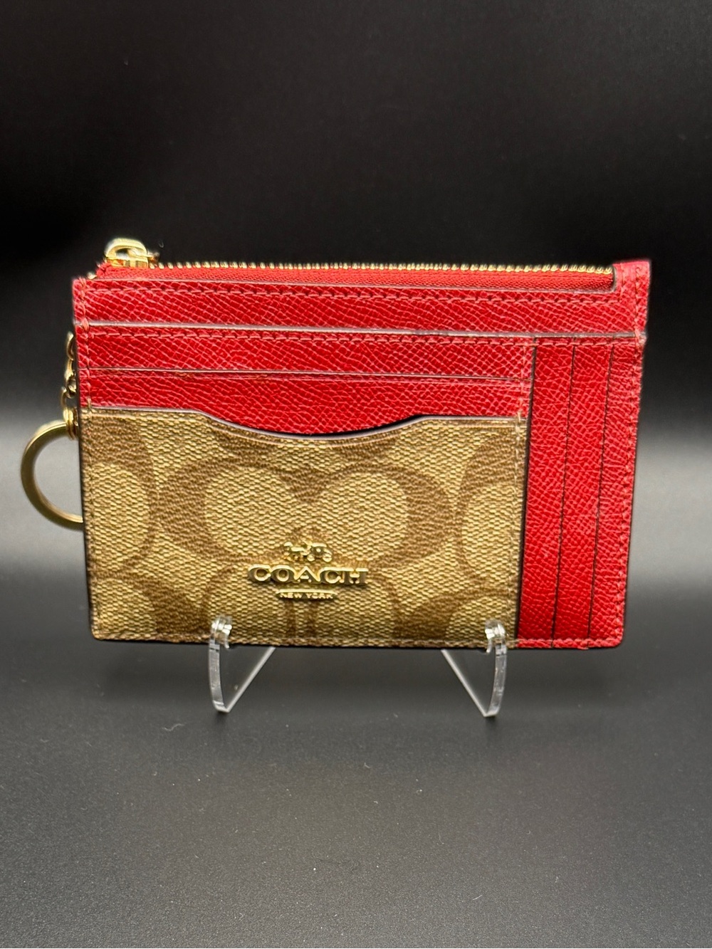 Coach Brown Signature Canvas Card Holder with Red Leather Trim